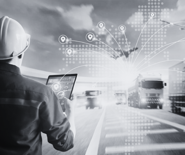 Logistics control center with global shipping network overlay